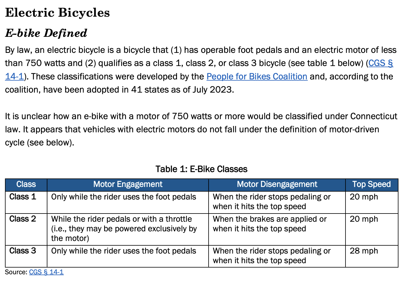 Electric Bicycles E-bike Defined By law, an electric bicycle is a bicycle that (1) has operable foot pedals and an electric motor of less than 750 watts and (2) qualifies as a class 1, class 2, or class 3 bicycle (see table 1 below) (CGS § 14-1). These classifications were developed by the People for Bikes Coalition and, according to the coalition, have been adopted in 41 states as of July 2023. It is unclear how an e-bike with a motor of 750 watts or more would be classified under Connecticut law. It appears that vehicles with electric motors do not fall under the definition of motor-driven cycle (see below). Table 1: E-Bike Classes Class Motor Engagement Motor Disengagement Top Speed Class 1 Only while the rider uses the foot pedals When the rider stops pedaling or when it hits the top speed 20 mph Class 2 While the rider pedals or with a throttle (i.e., they may be powered exclusively by the motor) When the brakes are applied or when it hits the top speed 20 mph Class 3 Only while the rider uses the foot pedals When the rider stops pedaling or when it hits the top speed 28 mph Source: CGS § 14-1